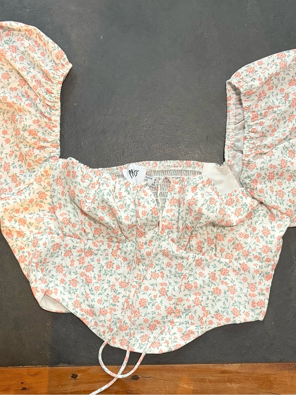 Floral Puff Sleeve Crop Top in White with Coral & Sage Small Floral Print